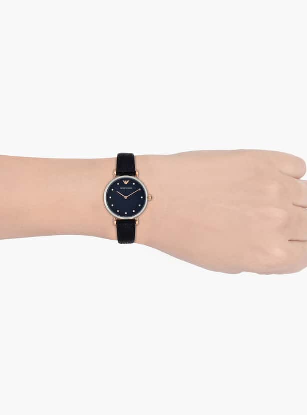 Emporio Armani Gianni T Bar Analog Blue Dial Black Leather Strap Watch For Women - AR1989 Watches Emporio Armani   