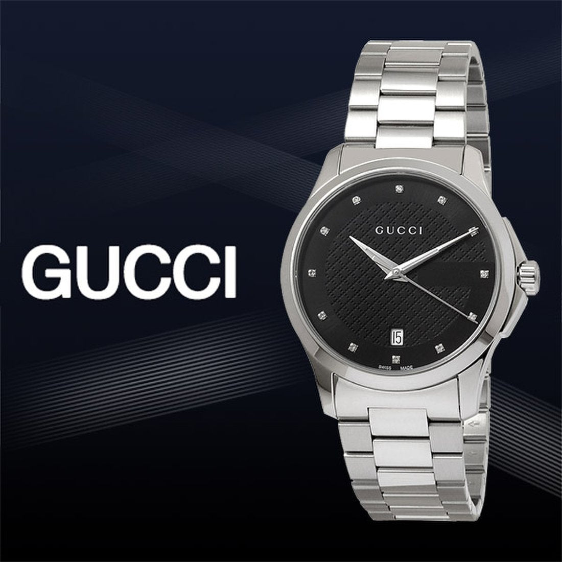 Gucci G Timeless Diamonds Black Dial Silver Steel Strap Watch For Men - YA126456 Watches Gucci   