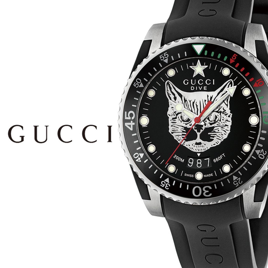 Gucci Dive Feline Black Dial Black Rubber Strap Watch For Men - YA136323 Watches Gucci   