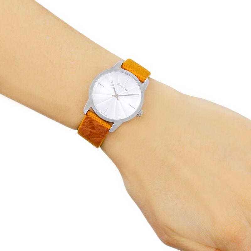 Calvin Klein City Silver Dial Orange Leather Strap Watch for Women - K2G231G6 Watches Calvin Klein   