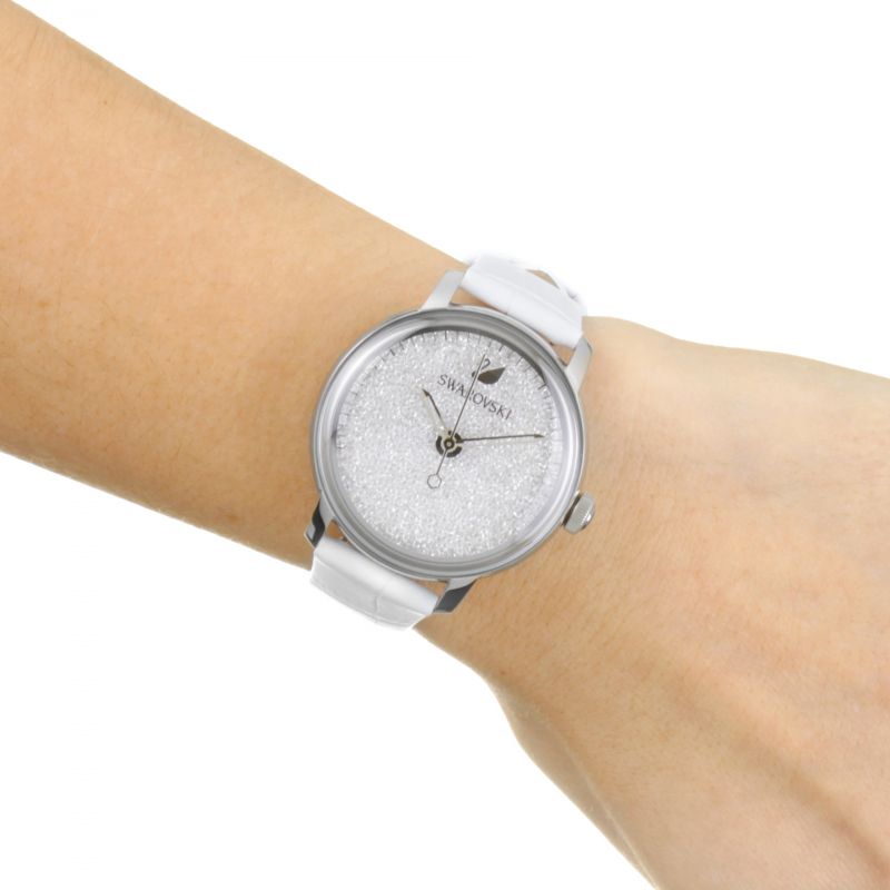 Swarovski Crystalline Hours Silver Dial White Leather Strap Watch for Women - 5295383 Watches Swarovski   