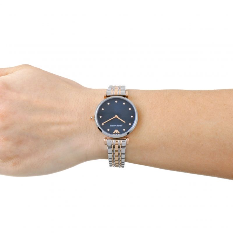 Emporio Armani Gianni T Bar Crystal Blue Dial Two Tone Stainless Steel Watch For Women - AR11092 Watches Emporio Armani   