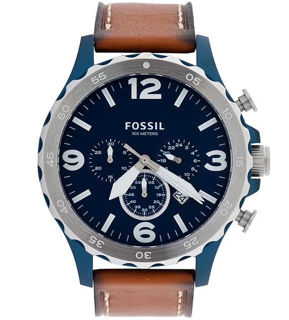 Fossil Nate Chronograph Navy Blue Dial Brown Leather Strap Watch for Men - JR1504 Watches Fossil   