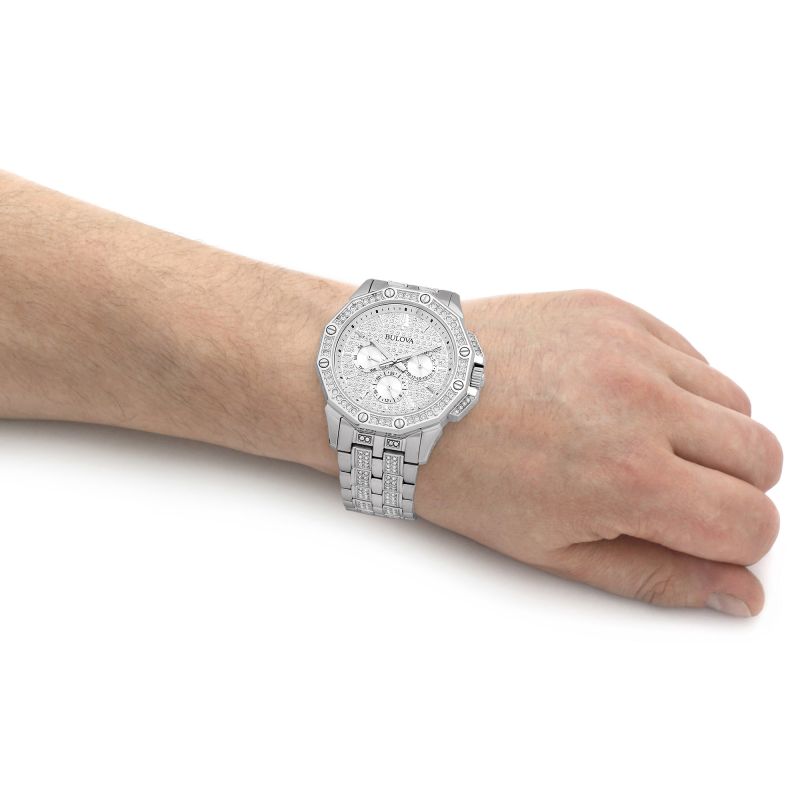 Bulova Crystal Collection Pave Silver Dial with Crystals Silver Steel Strap Watch for Men - 96C134 Watches Bulova   