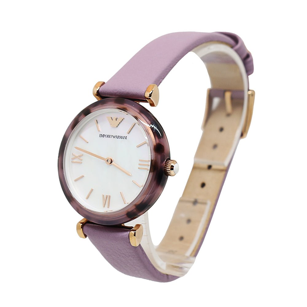 Emporio Armani Gianni Mother of Pearl Dial Purple Leather Strap Watch For Women - AR11003 Watches Emporio Armani   