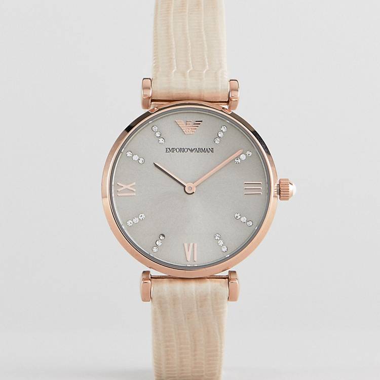 Emporio Armani Gianni T Bar Gunmetal Dial Beige Leather Strap Watch For Women - AR1681 Watches Emporio Armani   