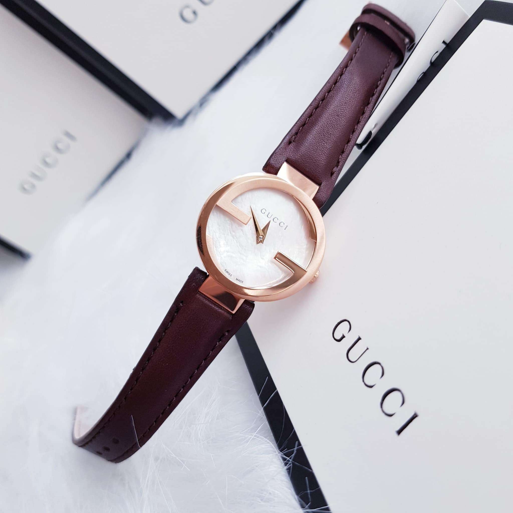 Gucci G Interlocking Mother of Pearl Dial Brown Leather Strap Watch For Women - YA133516 Watches Gucci   