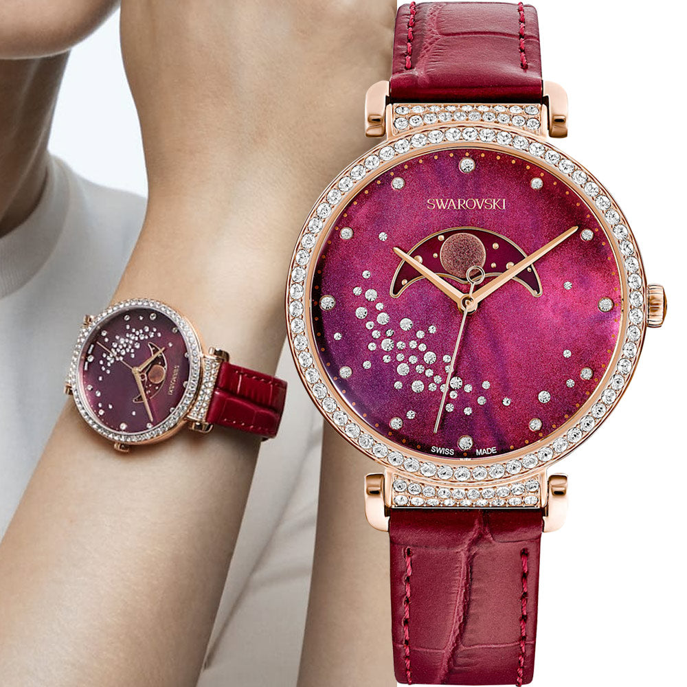 Swarovski Passage Moon Phase Red Dial Red Leather Strap Watch for Women - 5613323 Watches Swarovski   