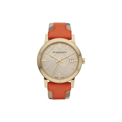 Burberry The City Gold Dial Orange Leather Strap Watch for Women - BU9016 Watches Burberry   