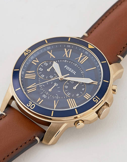 Fossil Grant Sport Chronograph Blue Dial Brown Leather Strap Watch for Men - FS5268 Watches Fossil   