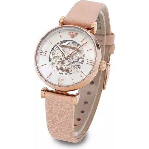 Emporio Armani Meccanico Silver Skeleton Dial Beige Leather Strap Watch For Women - AR60001 Watches Emporio Armani   