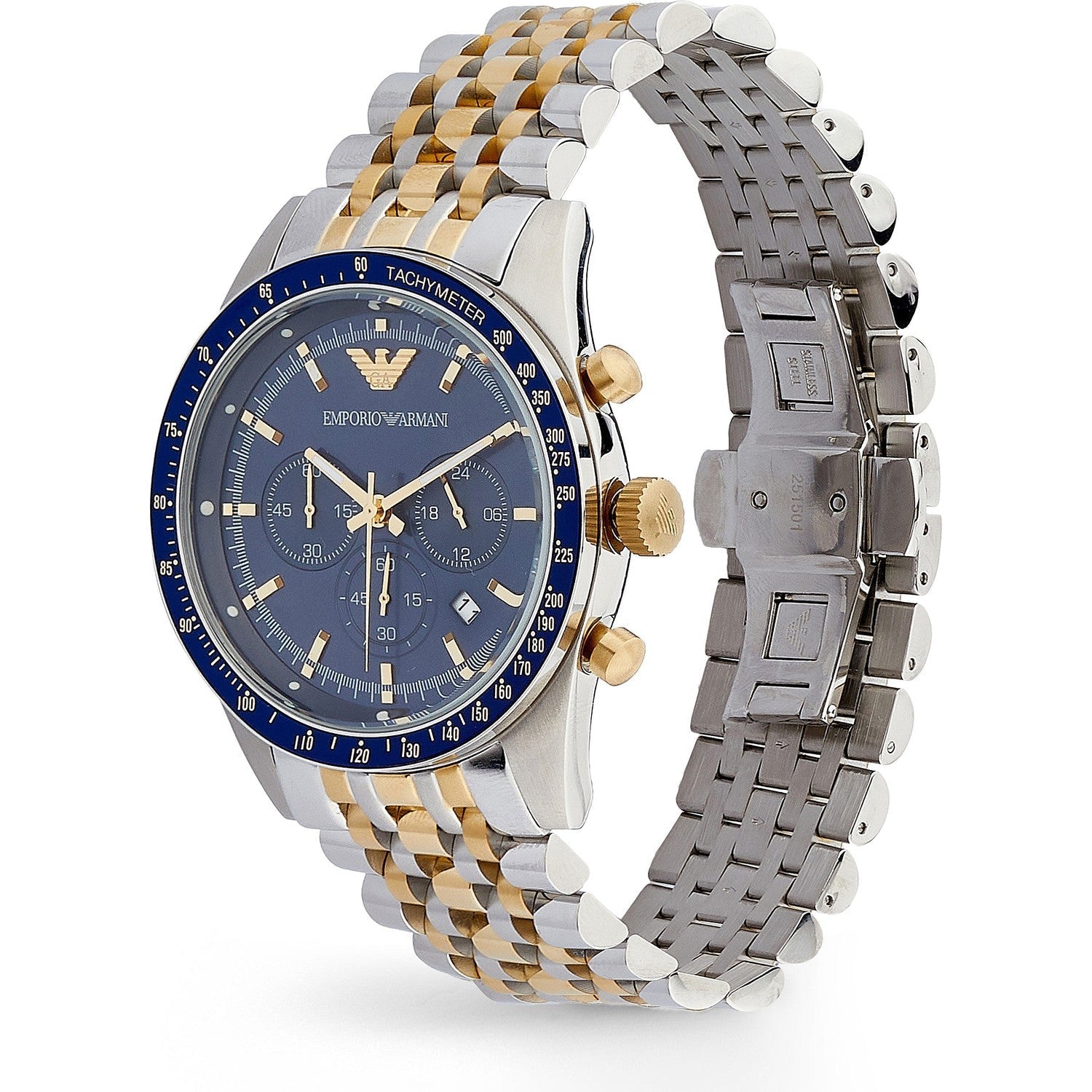 Emporio Armani Tazio Chronograph Blue Dial Gold & Silver Stainless Steel Strap Watch For Men - AR8030 Watches Emporio Armani   