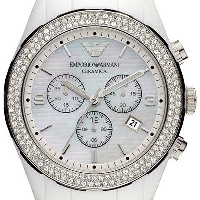 Emporio Armani Ceramica Chronograph White Dial White Ceramic Strap Watch For Women - AR1456 Watches Emporio Armani   