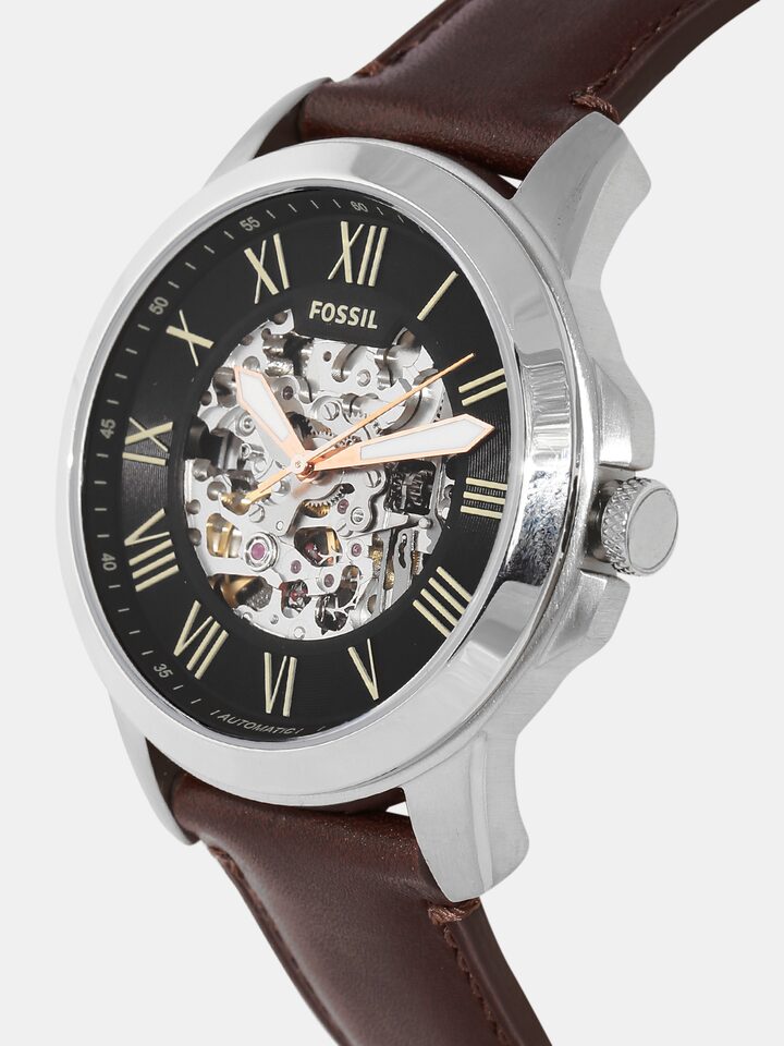 Fossil Grant Automatic Skeleton Black Dial Brown Leather Strap Watch for Men - ME3100 Watches Fossil   