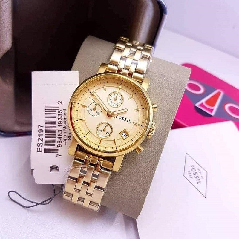 Fossil Boyfriend Chronograph Gold Dial Gold Steel Strap Watch for Women - ES2197 Watches Fossil   
