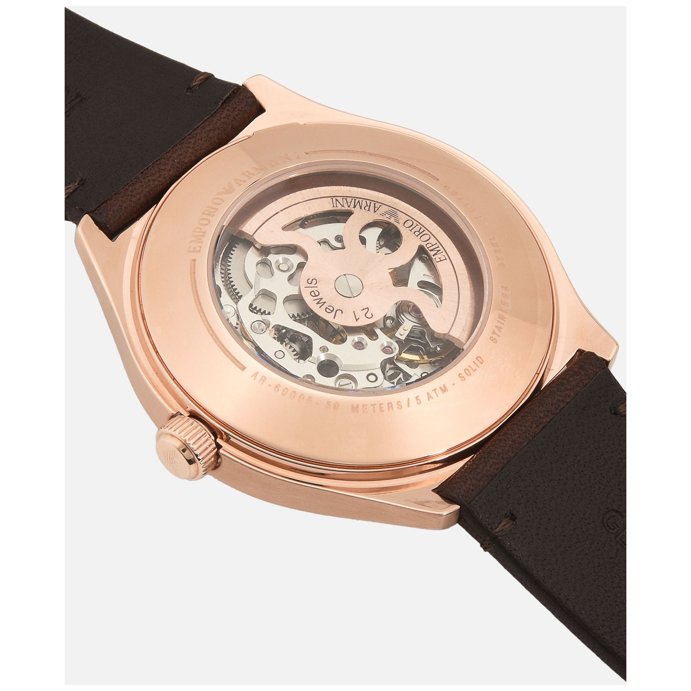 Emporio Armani Meccanico White Skeleton Dial Brown Leather Strap Watch For Men - AR60005 Watches Emporio Armani   