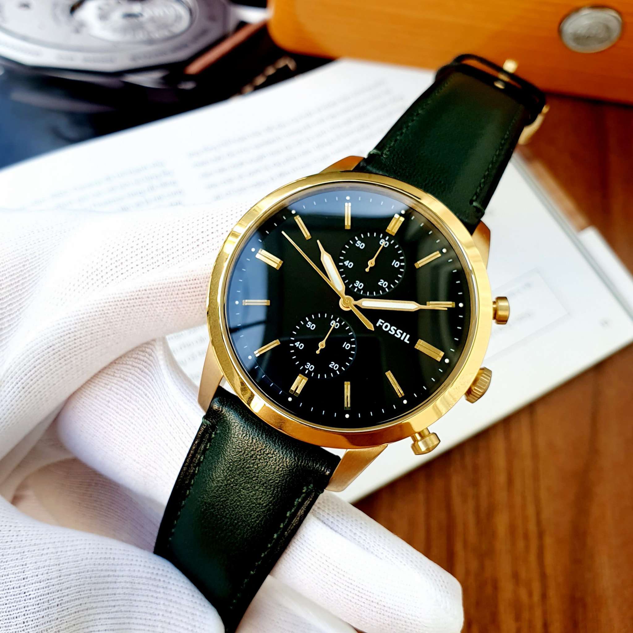 Fossil Townsman Chronograph Green Dial Green Leather Strap Watch for Men - FS5599 Watches Fossil   