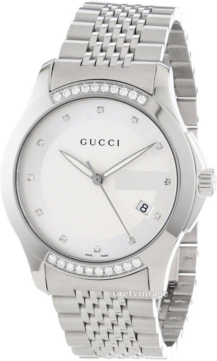 Gucci G Timeless Diamond Silver Dial Silver Steel Strap Watch For Men - YA126407 Watches Gucci   