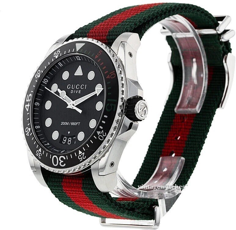 Gucci Dive Black Dial Red & Green Nylon Strap Watch For Men - YA136209 Watches Gucci   