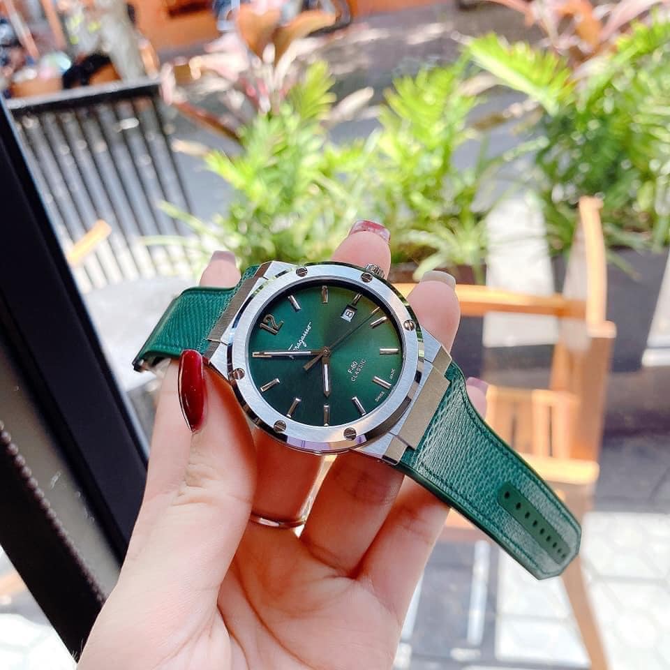 Salvatore Ferragamo F-80 Classic Green Dial Green Leather Strap Watch for Men - SFDT00519 Watches Salvatore Ferragamo   
