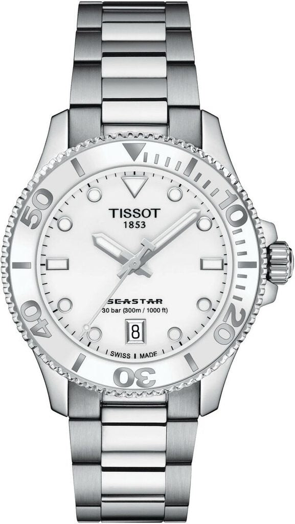 Tissot Seastar 1000 Lady Quartz 36mm White Dial Stainless Steel Strap Unisex Watch - T120.210.11.011.00 Watches Tissot   