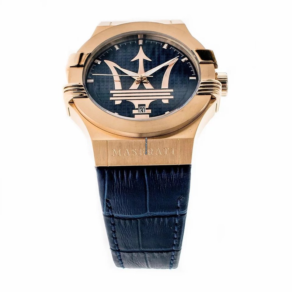 Maserati Potenza 42mm Rose Gold & Blue Dial Blue Leather Strap Watch For Men - R8851108027 Watches Maserati   