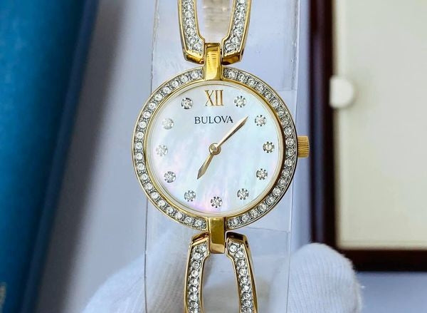 Bulova Crystal Collection Mother of Pearl Dial Gold Steel Strap Watch for Women - 98L225 Watches Bulova   