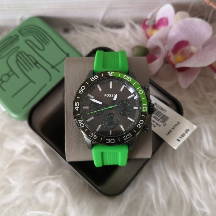 Fossil Bannon Chronograph Grey Dial Green Silicone Strap Watch for Men - BQ2501 Watches Fossil   