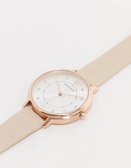 Emporio Armani Kappa Rose Gold & White Dial Beige Nude Leather Strap Watch For Women - AR2510 Watches Emporio Armani   