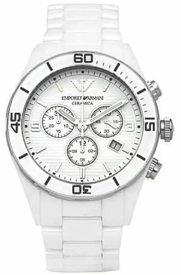 Emporio Armani Ceramic Chronograph White Dial White Ceramic Strap Watch For Men - AR1424 Watches Emporio Armani   