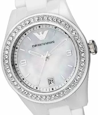 Emporio Armani Ceramica White Mother of Pearl Dial Stainless Steel Strap Watch For Women - AR1426 Watches Emporio Armani   