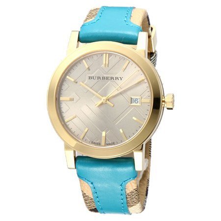 Burberry The City Gold Dial Turquoise Leather Strap Watch for Women - BU9018 Watches Burberry   