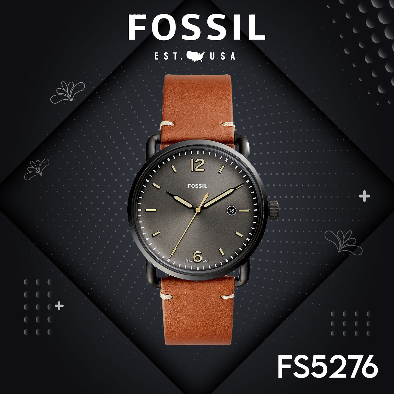 Fossil Commuter Three Hand Date Black Dial Brown Leather Strap Watch for Men - FS5276 Watches Fossil   