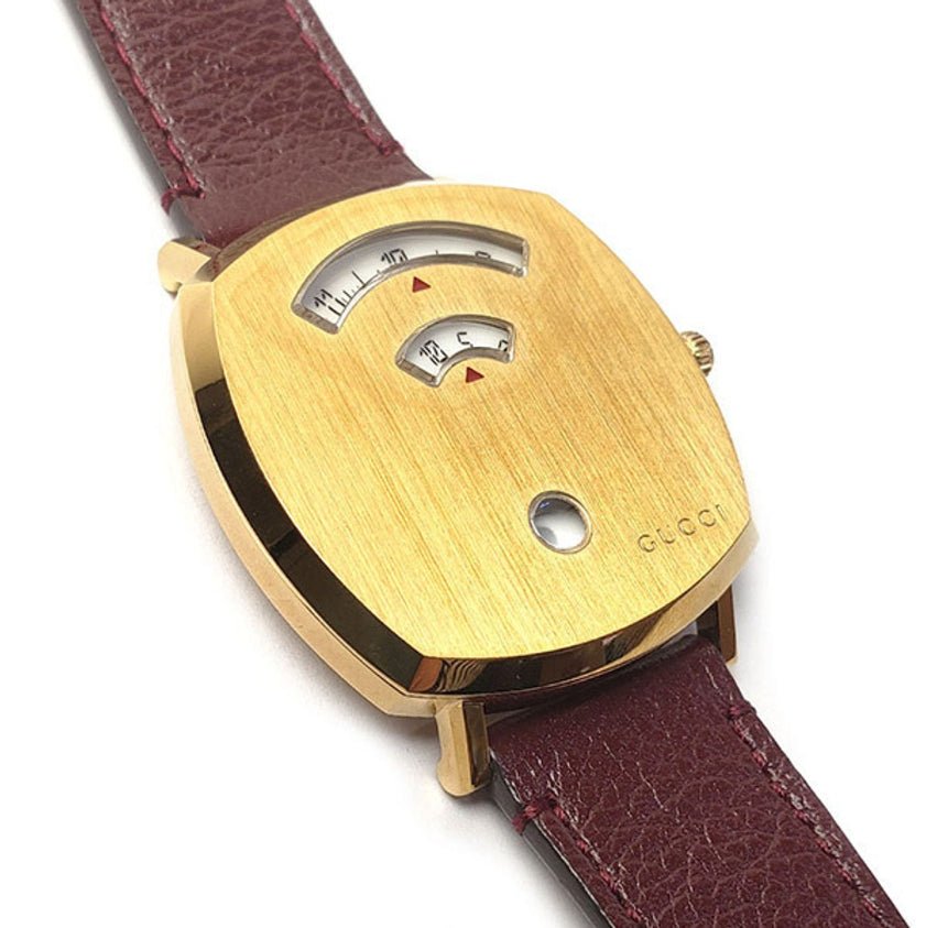 Gucci Grip Yellow Gold Dial Maroon Leather Strap Unisex Watch - YA157411 Watches Gucci   