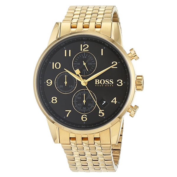 Hugo Boss Navigator Black Dial Gold Steel Strap Watch for Men - 1513531 Watches Hugo Boss   