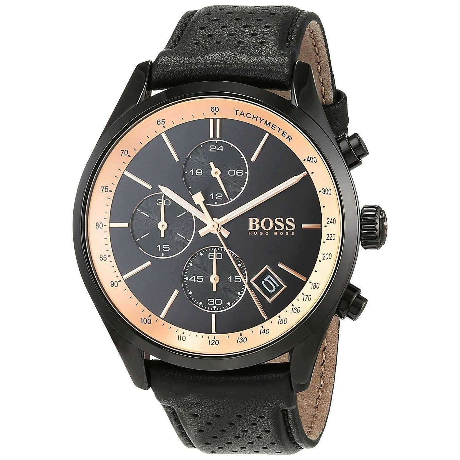 Hugo Boss Grand Prix Chronograph Black Dial Black Leather Strap Watch for Men - 1513550 Watches Hugo Boss   