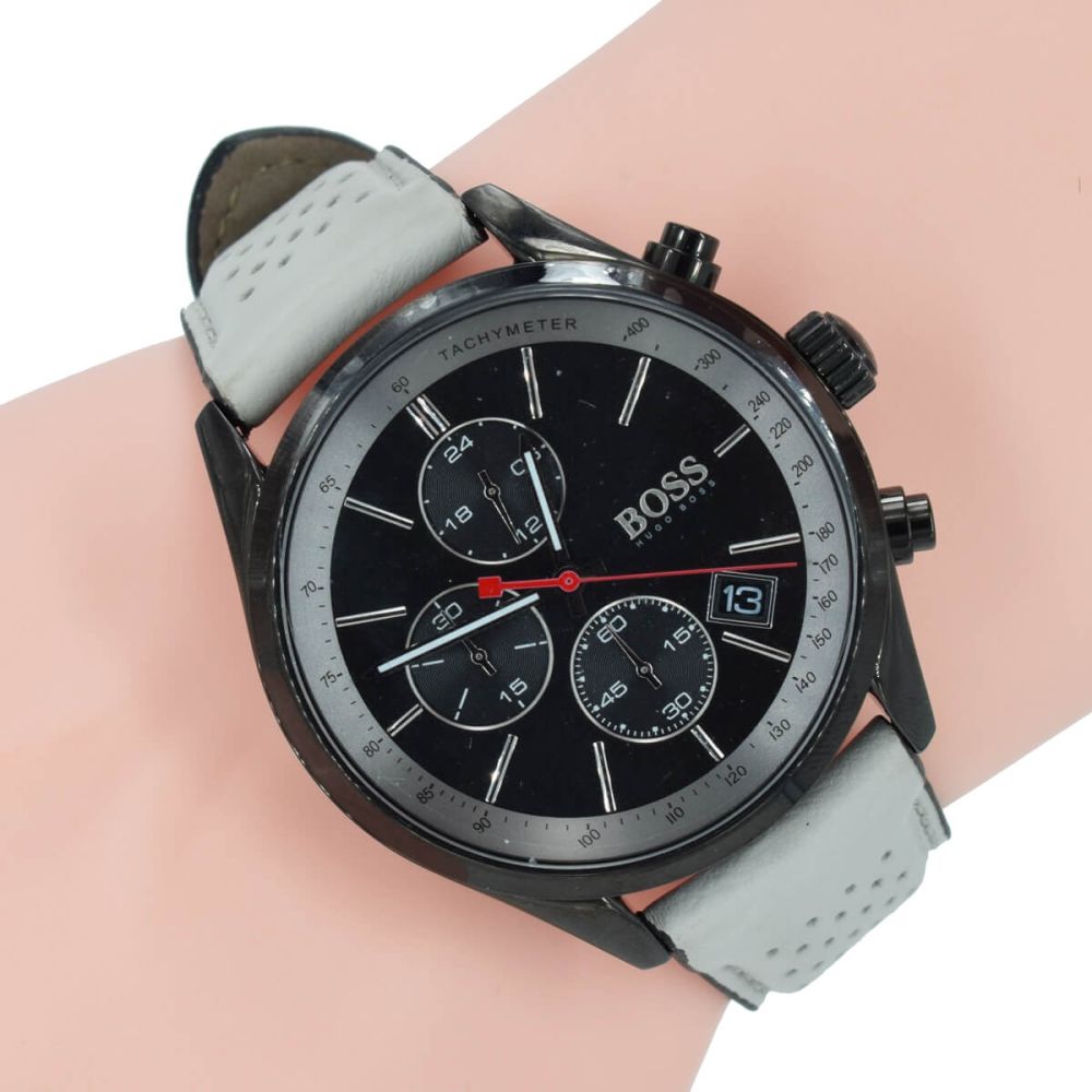 Hugo Boss Grand Prix Chronograph Black Dial Grey Leather Strap Watch for Men - 1513562 Watches Hugo Boss   