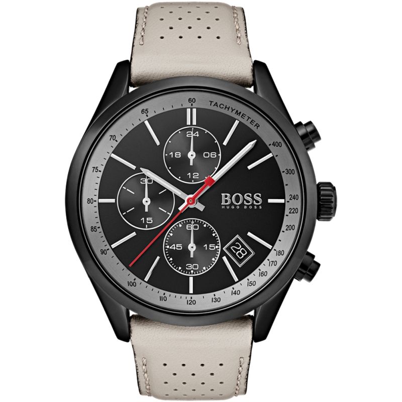 Hugo Boss Grand Prix Chronograph Black Dial Grey Leather Strap Watch for Men - 1513562 Watches Hugo Boss   