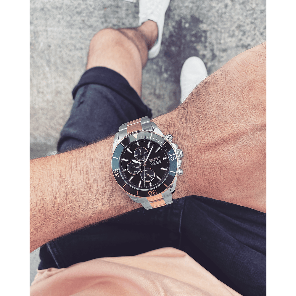 Hugo Boss Ocean Edition Black Dial Two Tone Steel Strap Watch for Men - 1513705 Watches Hugo Boss   