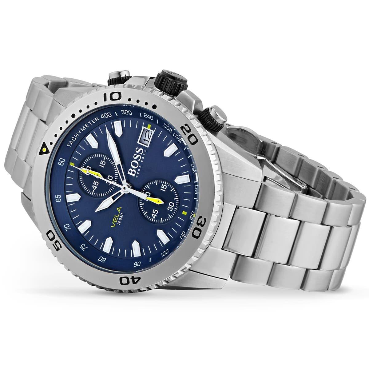 Hugo Boss Vela Chronograph Diver Blue Dial Silver Steel Strap Watch for Men - 1513775 Watches Hugo Boss   