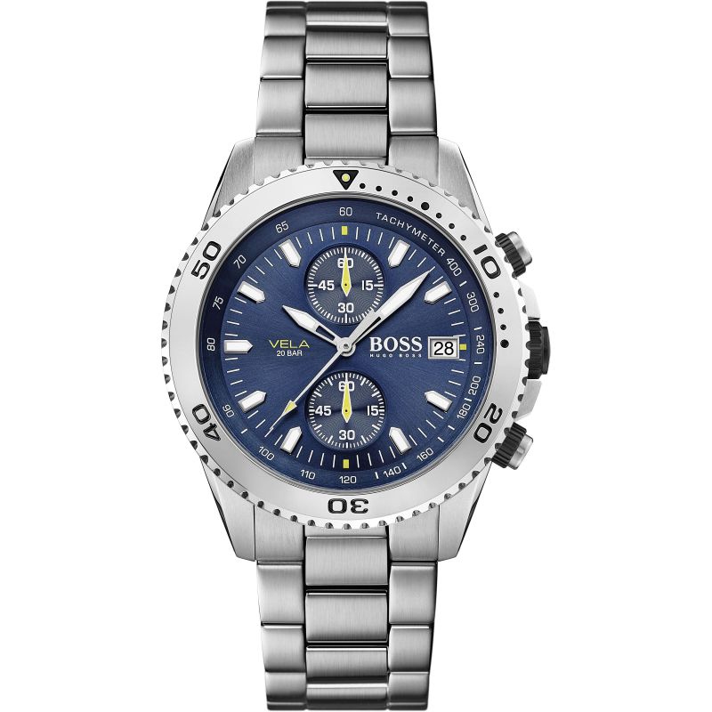 Hugo Boss Vela Chronograph Diver Blue Dial Silver Steel Strap Watch for Men - 1513775 Watches Hugo Boss   