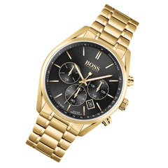 Hugo Boss Champion Black Dial Gold Steel Strap Watch for Men - 1513848 Watches Hugo Boss   