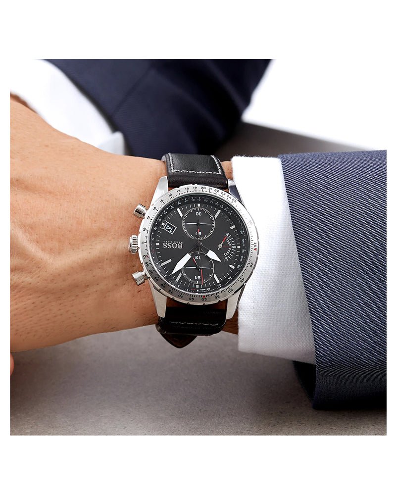 Hugo Boss Pilot Edition Black Dial Black Leather Strap Watch for Men - 1513853 Watches Hugo Boss   