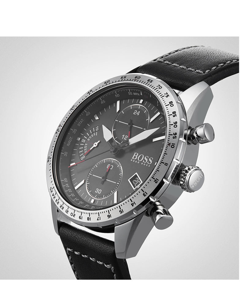 Hugo Boss Pilot Edition Black Dial Black Leather Strap Watch for Men - 1513853 Watches Hugo Boss   