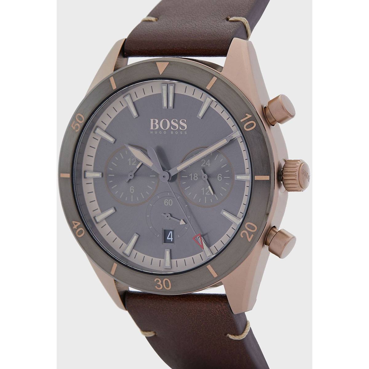 Hugo Boss Santiago Grey Dial Brown Leather Strap Watch for Men - 1513861 Watches Hugo Boss   