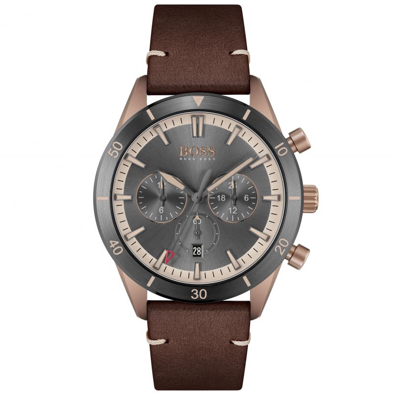 Hugo Boss Santiago Grey Dial Brown Leather Strap Watch for Men - 1513861 Watches Hugo Boss   