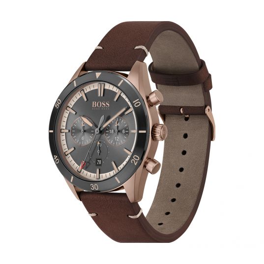 Hugo Boss Santiago Grey Dial Brown Leather Strap Watch for Men - 1513861 Watches Hugo Boss   