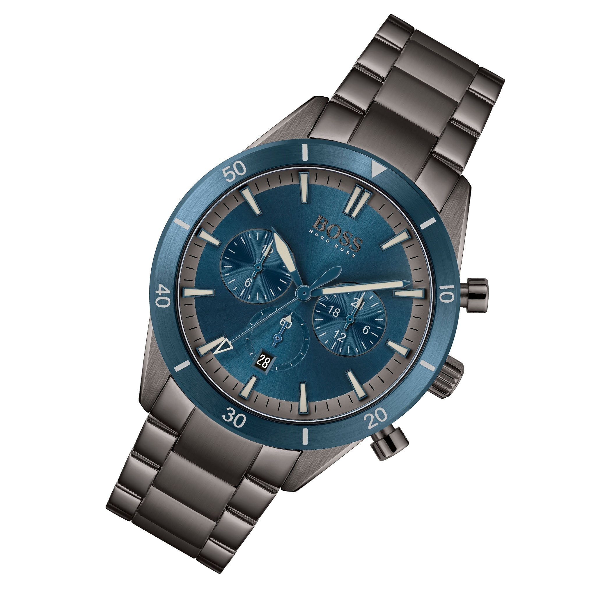 Hugo Boss Santiago Blue Dial Grey Steel Strap Watch for Men - 1513863 Watches Hugo Boss   