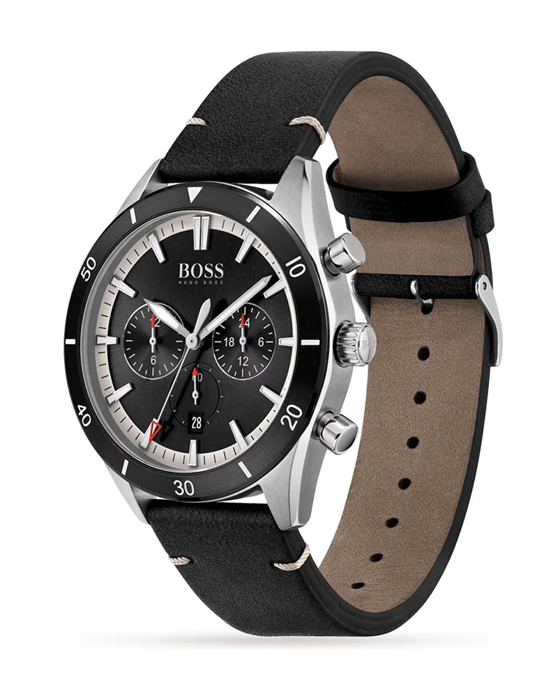 Hugo Boss Chronograph Black Dial Black Leather Strap Watch for Men - 1513864 Watches Hugo Boss   