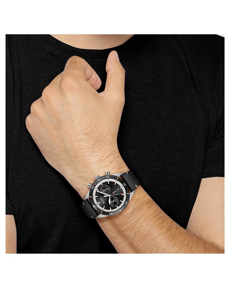 Hugo Boss Chronograph Black Dial Black Leather Strap Watch for Men - 1513864 Watches Hugo Boss   